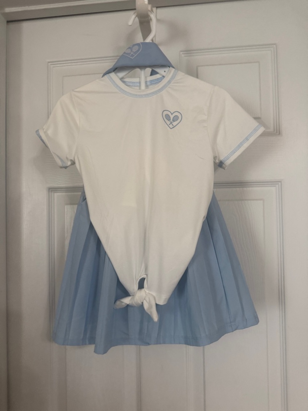 Girls White & Light Blue Matching Set - Heart Tee & Pleated Skirt
